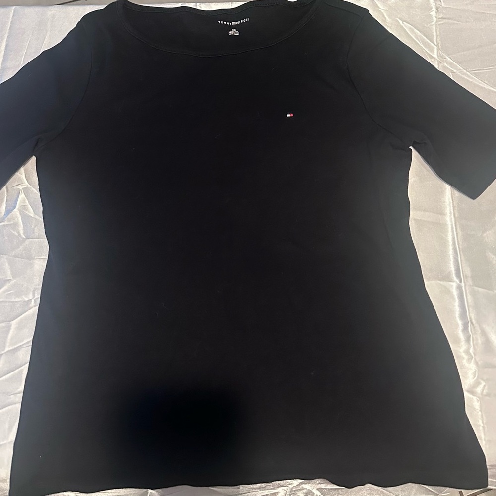 Tommy Hilfiger Black Short Sleeve Crew Tee with Flag Logo